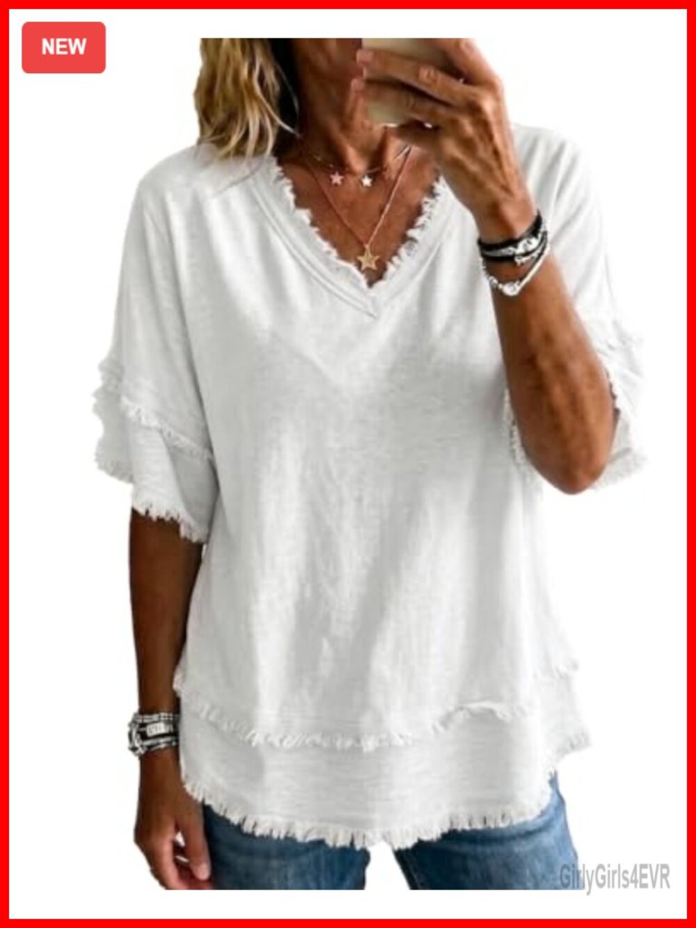 Frayed Trim Tiered V Neck Short Sleeve Loose Fit Tunic Top